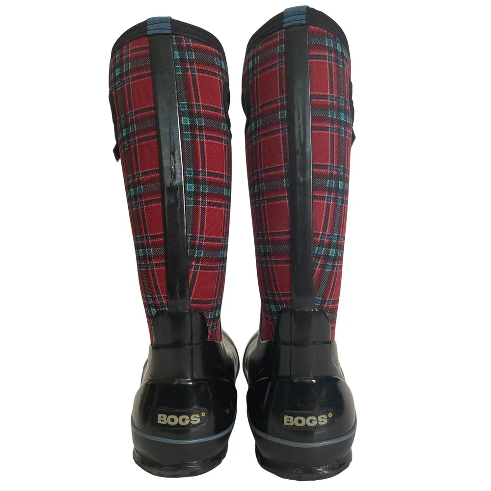 Bogs Classic Winter Plaid Waterproof Boots Red Blue Tartan Womens 8 Neo-Tech